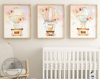 Hot Air Balloon Nursery Wall Art, Pink Jungle Woodland Cute
