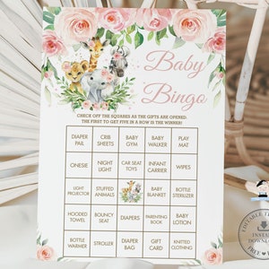 PLANTILLA EDITABLE, Juego de bingo de baby shower floral rosa de animales de la selva imprimible, actividad divertida de bricolaje de elefante jirafa león descarga instantánea, JA6