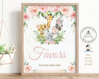 Jungle Animals Favors Please Take One Sign, INSTANT DOWNLOAD, Pink Floral Greenery Elephant Lion Giraffe Baby Shower, Diy PDF Printable, JA6