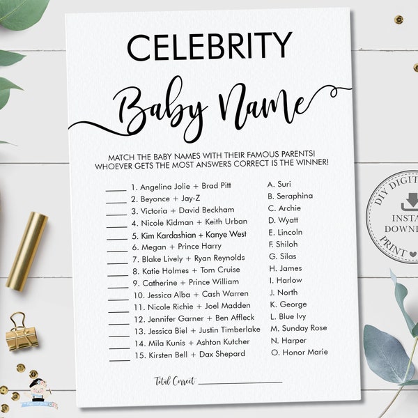 Celebrity Baby Name Game, Baby Shower Activity Printable, Match Celebrity Name, INSTANT DOWNLOAD, Minimalist, Modern, Hand Lettering, MN1