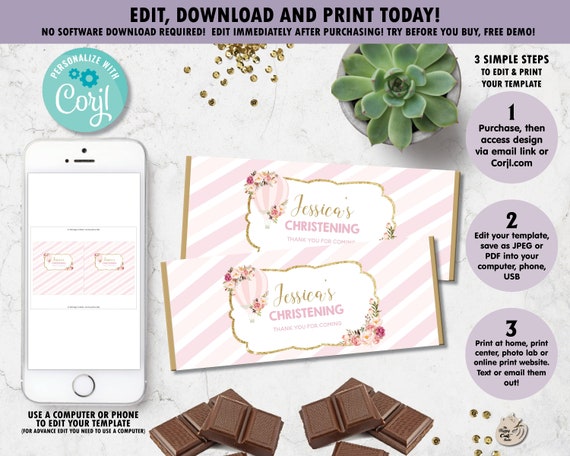 Hot Air Balloon Birthday Chocolate Bar Wrappers, Christening Chocolate Wrappers, Baptism, Floral Printable, Favor, HB1, EDITABLE TEMPLATE Il_570xn