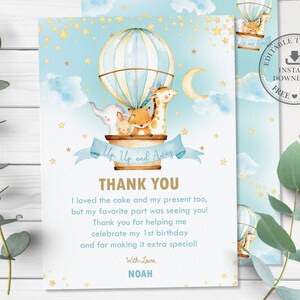 Cartão de agradecimento de aniversário com balão de ar quente, MODELO EDITÁVEL, nota de agradecimento, animais da selva para impressão, animais fofos, download INSTANTÂNEO, HB5
