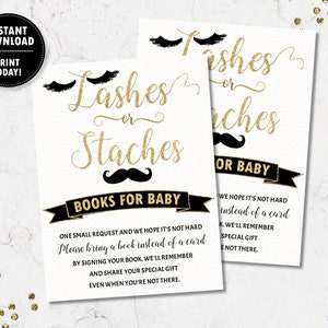 Bring ein Buch statt einer Karte, INSTANT DOWNLOAD, Wimpern oder Staches Bücher für Baby Einlegekarte, Schwarz und Gold Gender Reveal Printable, GR2