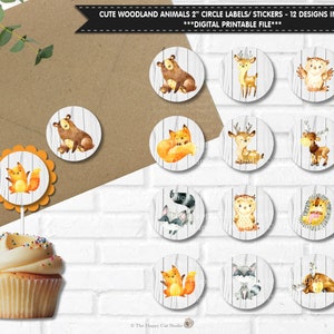 Zwierzęta leśne 2 cale Etykiety okrągłe Naklejki Tagi Cupcake Toppery 2" Okrągłe Koperty Pieczątki Rustykalne Kwiatowe Shabby Chic Las Sowa Lis Jeleń