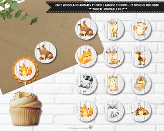 Woodland Animals 2 Inches Circle Labels Stickers Tags Cupcake Toppers 2" Round Envelopes Seals Rustic Floral Shabby Chic Forest Owl Fox Deer