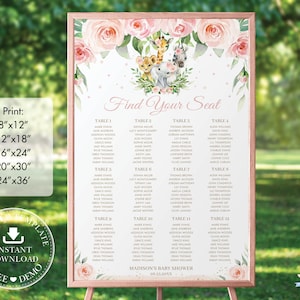 Jungle Dieren Zitplaats Grafiek Teken, BEWERKBARE SJABLOON, Roze Bloemen Groen Safari Baby Douche Verjaardag Afdrukbare Pdf, INSTANT Download, JA6
