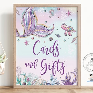 Mermaid Cards and Gifts Sign Printable, INSTANT DOWNLOAD, Whimsical Purple Mermaid Tail Under the Sea Turtle Pool Birthday Baby Shower, MT2
