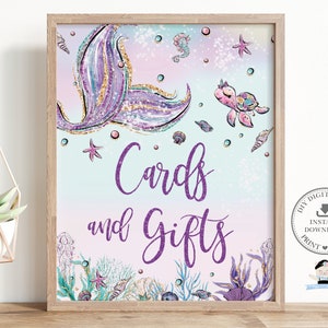 Mermaid Cards and Gifts Sign Printable, INSTANT DOWNLOAD, Whimsical Purple Mermaid Tail Under the Sea Turtle Pool Birthday Baby Shower, MT2