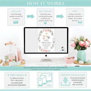 May include: A computer screen displaying a printable baby shower invitation template with a floral design and the text "Madison Brown". The invitation is surrounded by a green wreath with pink flowers and a deer, fox, and rabbit. The text "How It Works" is at the top of the image, with three steps: "Purchase", "Edit Template", and "Print".