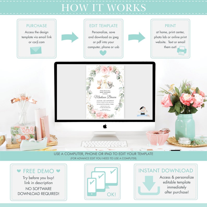 May include: A computer screen displaying a printable baby shower invitation template with a floral design and the text "Madison Brown". The invitation is surrounded by a green wreath with pink flowers and a deer, fox, and rabbit. The text "How It Works" is at the top of the image, with three steps: "Purchase", "Edit Template", and "Print".