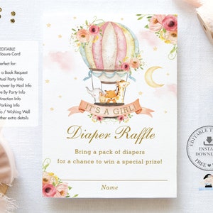 BEWERKBARE SJABLOON, heteluchtballon schattige dierenboeken voor babyluier invoegen, baby shower verjaardag extra info kaart afdrukbaar, INSTANT HB7