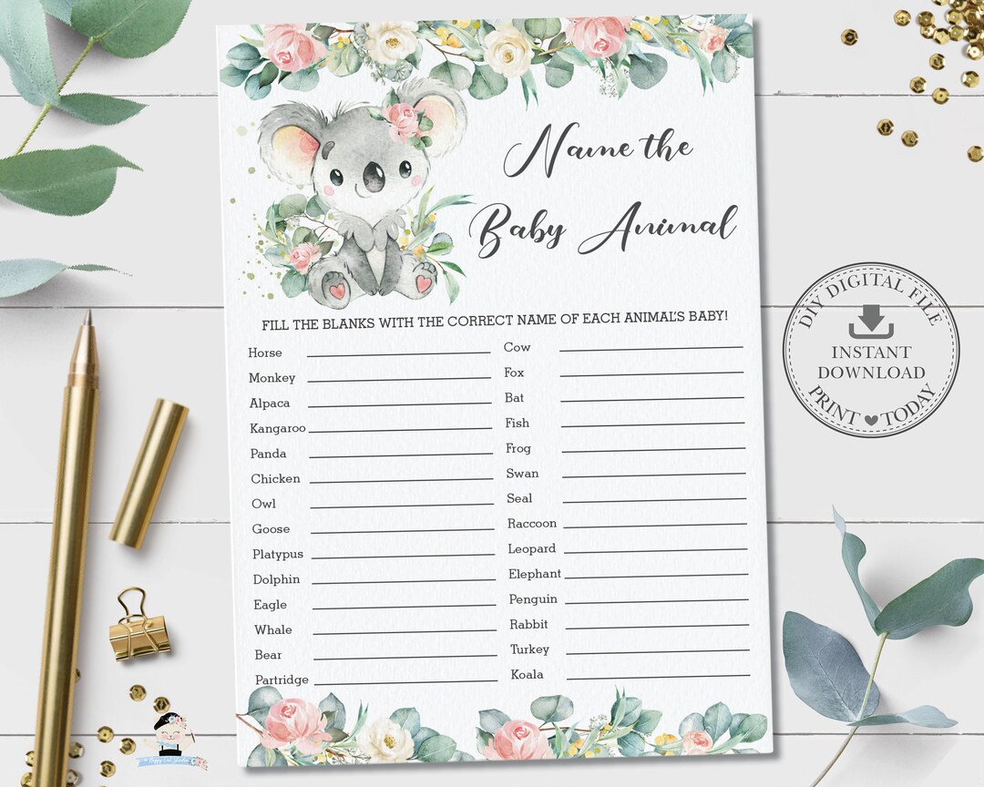 Name the Baby Animal Game, INSTANT DOWNLOAD, Koala Pink Floral Greenery ...