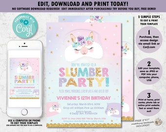 Llama Slumber Party Invitation,  Llama Sleepover Invite, Pajama Party Printable, Cute Llama Sleep Mask, Rainbow, EDITABLE TEMPLATE LS2