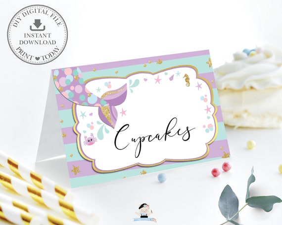 Mermaid Food Tents, Place Cards, Baby Shower, 1st First Birthday, Under the Sea Printable, Mermaid Tail, Pool Party, INSTANT DOWNLOAD, MT1 Il_570xn