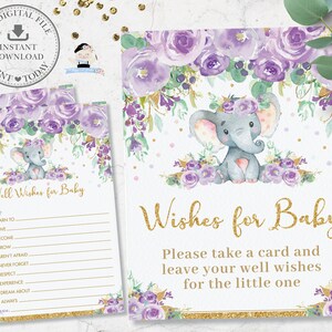 Well Wishes for Baby Sign and Card, INSTANT DOWNLOAD, Purple Lilac Floral Cute Elephant Baby Shower Fun Game Activity Diy PDF Imprimible, EP9