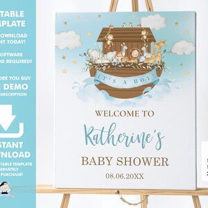 Noah&#39;s Ark Welcome Sign, EDITABLE TEMPLATE, Blue Boy Noahs Ark Cute Animals Baby Shower 1st Birthday Poster Decoration INSTANT Download, NA2