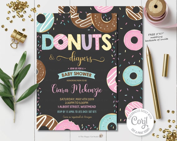 Donut and Diapers Baby Shower Invitation Doughnut Invitation Donut Baby Shower Girl Donut Printable Instant Digital EDITABLE TEMPLATE DT1 Il_570xn