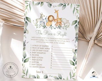 EDITABLE TEMPLATE The Price is Right Baby Shower Game, Chic Greenery Neutral Jungle Animals Guess Prices Fun Activity Diy PDF Printable JA5