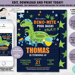 Dinosaur Pool Birthday Party Invitation Dinosaur Printable Dinomite Pool Bash Swim Dinosaur Floatie Instant DOWNLOAD EDITABLE TEMPLATE DP1