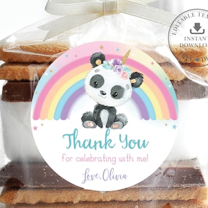 MODELO EDITÁVEL Pandacorn 2" Circle Label, Rainbow Panda Baby Shower Aniversário Obrigado Adesivo Favores Tag para impressão Download INSTANTÂNEO PA1