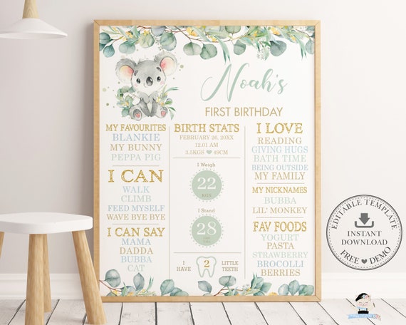 Cute Koala 1st Birthday Milestone Sign, EDITABLE TEMPLATE, Rustic Greenery Eucalyptus Boy Birth Stats Poster Decor Pdf, INSTANT Download AU2 Il_570xn