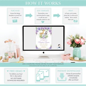 May include: A digital illustration of a baby shower invitation with a purple, pink, and green floral design. The invitation features a cute cartoon giraffe, elephant, and lion. The text on the invitation reads "Baby Shower" and "Madison Brown".