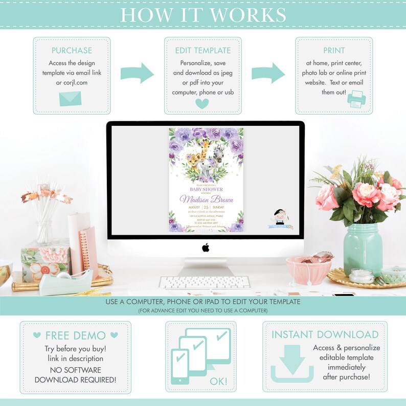 May include: A digital illustration of a baby shower invitation with a purple, pink, and green floral design. The invitation features a cute cartoon giraffe, elephant, and lion. The text on the invitation reads "Baby Shower" and "Madison Brown".