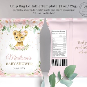 Cute Lion Cub Blush Pink Floral Chip Bag Printable EDITABLE TEMPLATE, Jungle Animals Baby Shower Birthday Label Favors, INSTANT Download LN2