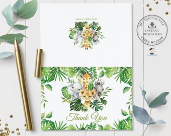 Chic Jungle Animals Folded Tent Thank You Card, INSTANT DOWNLOAD, Greenery Safari Printable, Elephant Lion Baby Shower 1st Birthday File JA7