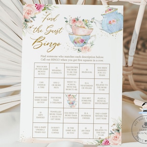 Tea Party Vind de Gast Bingo Baby Shower Game, INSTANT DOWNLOAD, Chique Blush Roze Floral High Tea Icebreaker Activiteit Diy PDF Afdrukbare TP5