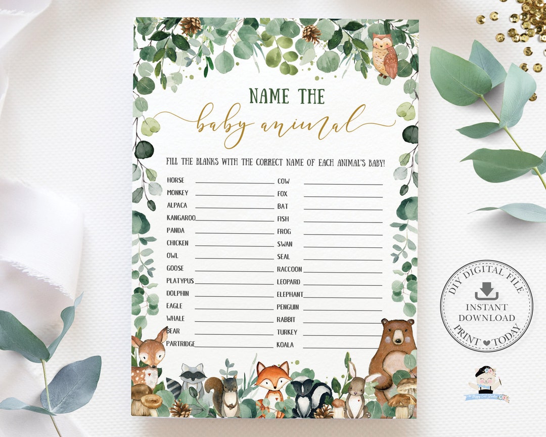 Name the Baby Animal Game, INSTANT DOWNLOAD, Greenery Woodland Animals ...