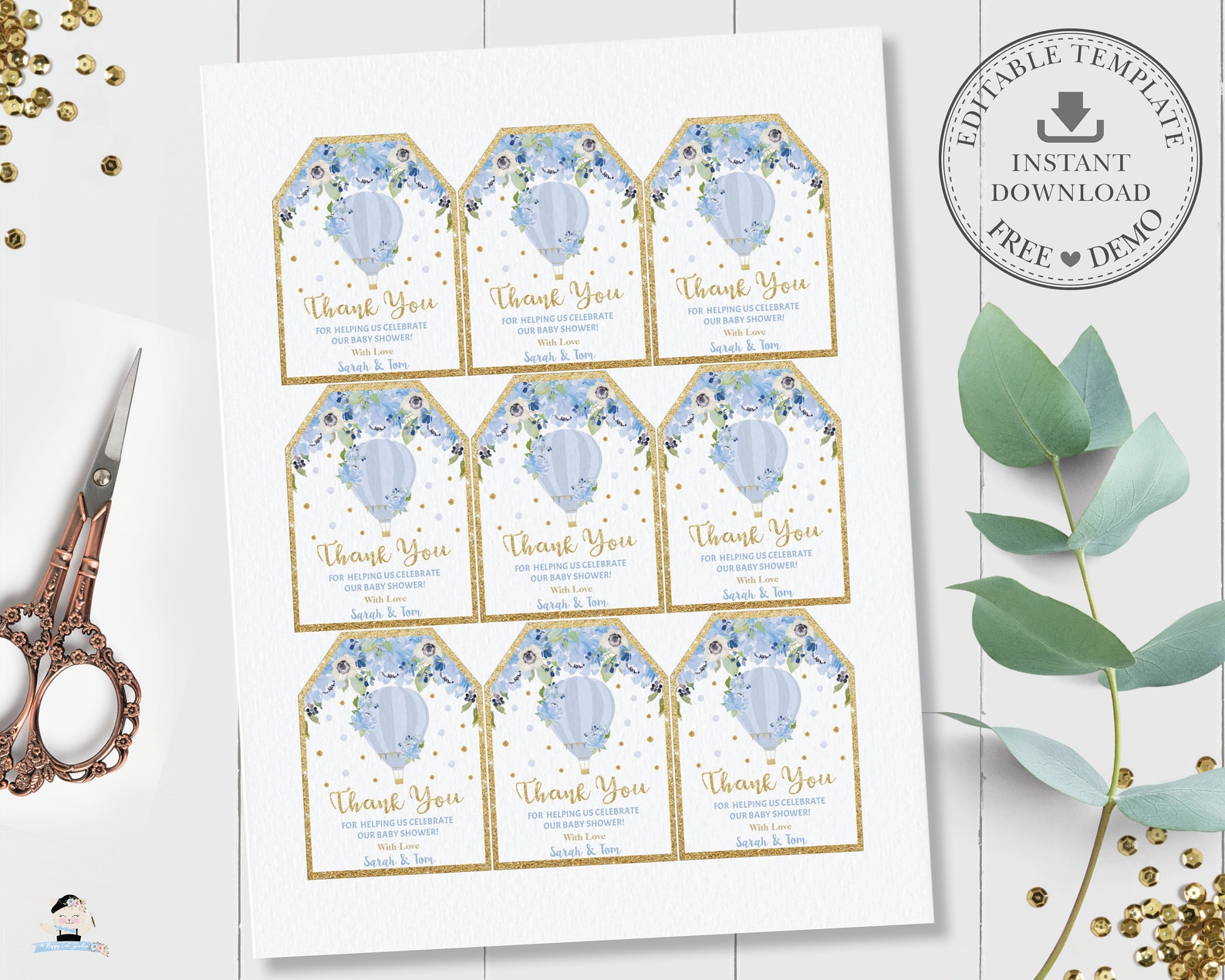 EDITABLE TEMPLATE Hot Air Balloon Thank You Tags Favors | Etsy