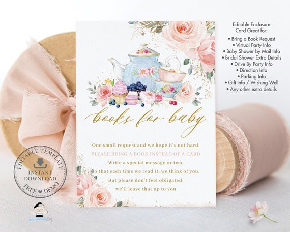 EDITABLE TEMPLATE, High Tea Party Blush Pink Floral Bring Books for Baby Insert, Baby Shower Birthday Extra Info Card Printable, INSTANT TP5 Il_570xn