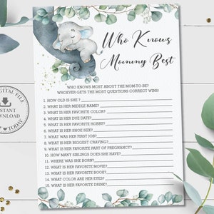 Who Knows Mommy Best Game, INSTANT DOWNLOAD, Rustic Chic Greenery Sleeping Elephant Baby Shower Quiz Card Activity, Diy PDF Printable, EP10