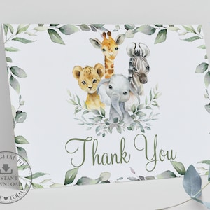 Chic Dschungel Tiere im Grünen Gefaltet Zelt Danke Karte SOFORTIGER DOWNLOAD Druckbare Elefant Giraffe Löwe Baby Shower 1.Geburtstags-Datei JA4