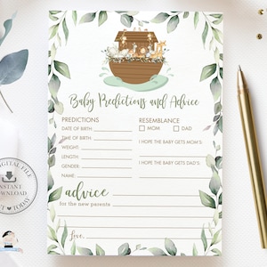 Baby Predictions and Advice Card, INSTANT DOWNLOAD, Noah&#39;s Ark Noahs Greenery Cute Animals Baby Shower Game Activity, Diy PDF Printable, NA1