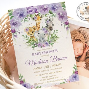 May include: Purple floral baby shower invitation with a watercolor illustration of a giraffe, zebra, lion, and elephant. The invitation text reads "Please join us for a baby shower honoring Madison Brown, August 25, Sunday at four o'clock in the afternoon, 189 Eucalyptus Avenue, Pymble, RSVP by July 31st to Jess 568-8969-4897, Registered at Walmart and Amazon."