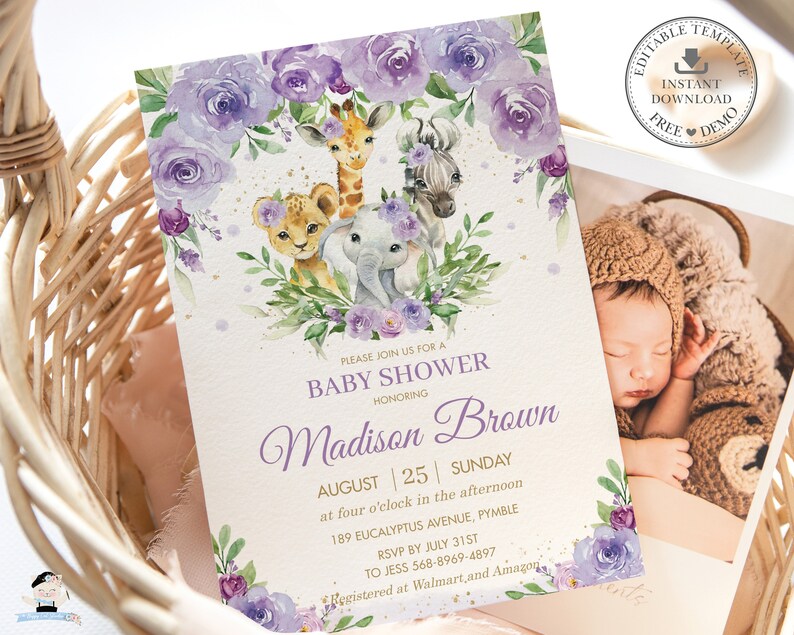 May include: Purple floral baby shower invitation with a watercolor illustration of a giraffe, zebra, lion, and elephant. The invitation text reads "Please join us for a baby shower honoring Madison Brown, August 25, Sunday at four o'clock in the afternoon, 189 Eucalyptus Avenue, Pymble, RSVP by July 31st to Jess 568-8969-4897, Registered at Walmart and Amazon."