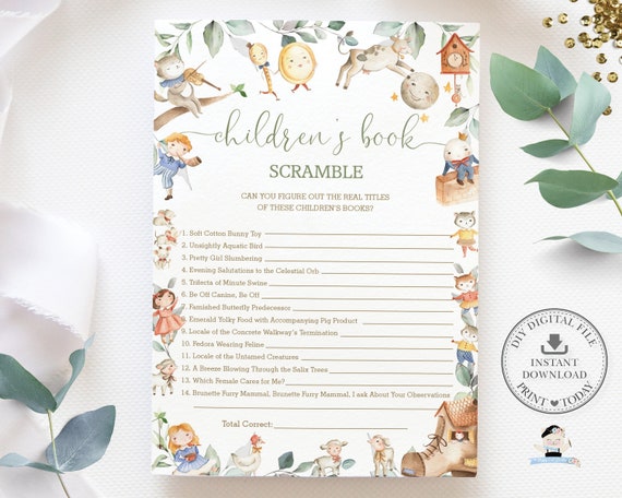 Children's Book Scramble Game, INSTANT DOWNLOAD, Nursery Rhyme Hey Diddle Baby Shower Storybook Quiz Card Activity, Diy PDF Printable, NR1 Il_570xn