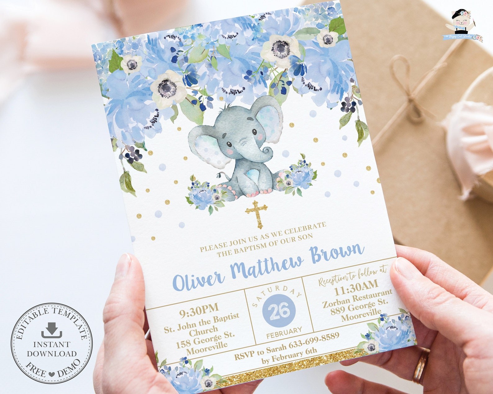 Elephant Baptism Christening Invitation EDITABLE TEMPLATE Etsy
