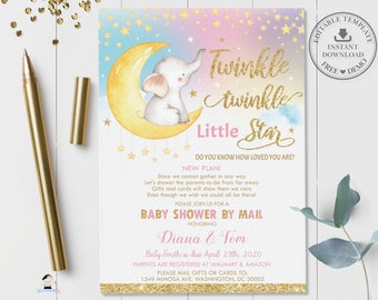 May include: A baby shower invitation with a pink and blue watercolor background. The invitation features a cute elephant sitting on a crescent moon with stars. The text reads "Twinkle twinkle Little Star" and "Do you know how loved you are?"  The invitation also includes the names "Diana & Tom" and the date "April 25th, 2020".
