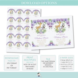 May include: Printable baby shower invitation with a jungle theme. The invitation features a giraffe, lion, zebra, and elephant surrounded by purple flowers. The text on the invitation reads "Baby Shower for Madison Brown, August 25, Sunday".