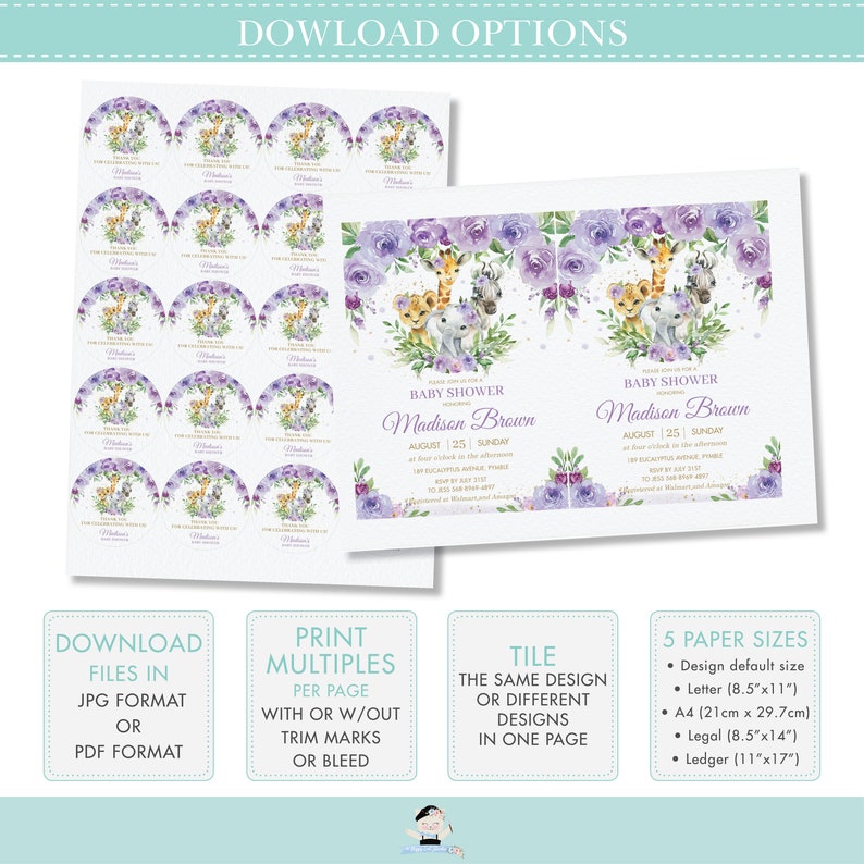 May include: Printable baby shower invitation with a jungle theme. The invitation features a giraffe, lion, zebra, and elephant surrounded by purple flowers. The text on the invitation reads "Baby Shower for Madison Brown, August 25, Sunday".