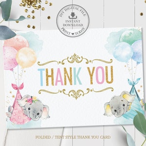 Chic Elephants Twins Boy Girl Barraca dobrada Cartão de agradecimento, DOWNLOAD INSTANTÂNEO, Cute Twin Elephant Pink Blue Balloons Gold Baby Shower PDF, EP3