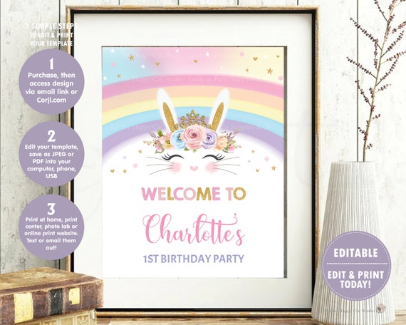 Bunny Rabbit Welcome Sign, Rainbow Bunny Birthday Decor Sign, Bunny Printable, Princess Bunny 1st Birthday, Instant EDITABLE TEMPLATE CB5 Il_570xn