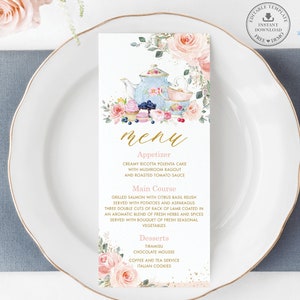 Chic Blush Pink Flores Florales Cupcakes Menú de Fiesta de Té Imprimible PLANTILLA EDITABLE Bebé Despedida de Soltera Boda Cumpleaños Cena Almuerzo TP5