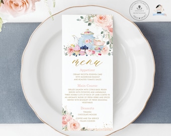 May include: A printable tea party menu template with a floral design. The menu features a teapot, teacups, and a cupcake. The text on the menu includes "menu", "Appetizer", "Main Course", "Desserts", "Creamy Ricotta Polenta Cake", "Grilled Salmon with Citrus Basil", "Tiramisu", "Chocolate Mousse", "Coffee and Tea Service", and "Italian Cookies".