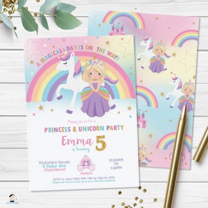 May include: A pink and blue invitation for a princess and unicorn party for a girl turning 5. The invitation features a rainbow, a unicorn, a princess, and a castle. The text on the invitation reads "A magical day is on the way!" "Please join us for a Princess & Unicorn Party" "Emma is turning 5" "Victoria's house 6 Daisy Ave. Chatswood" "25 March" "10:30AM to 1:30PM" "RSVP to Jess 0421 568 799 by March 10th" "Please feel free to dress up as your favorite character."