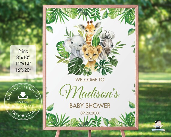 Jungle Animals Welcome Sign, EDITABLE TEMPLATE, Diy Greenery Safari Elephant Baby Shower 1st Birthday Poster Decoration INSTANT Download JA7 Il_570xn