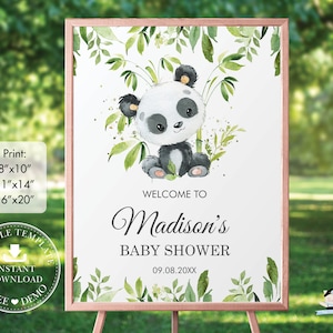 Lindo oso panda signo de bienvenida PLANTILLA EDITABLE Vegetación Género Neutral Niño Niña Baby Shower Cumpleaños Cartel Decoración INSTANTÁNEA Descargar PA2